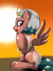 Size: 1536x2048 | Tagged: safe, artist:kurogewapony, character:somnambula, species:pegasus, species:pony, g4, blushing, cute, female, looking back, mare, open mouth, sitting, smiling, solo, somnambetes, spread wings, sun, wings
