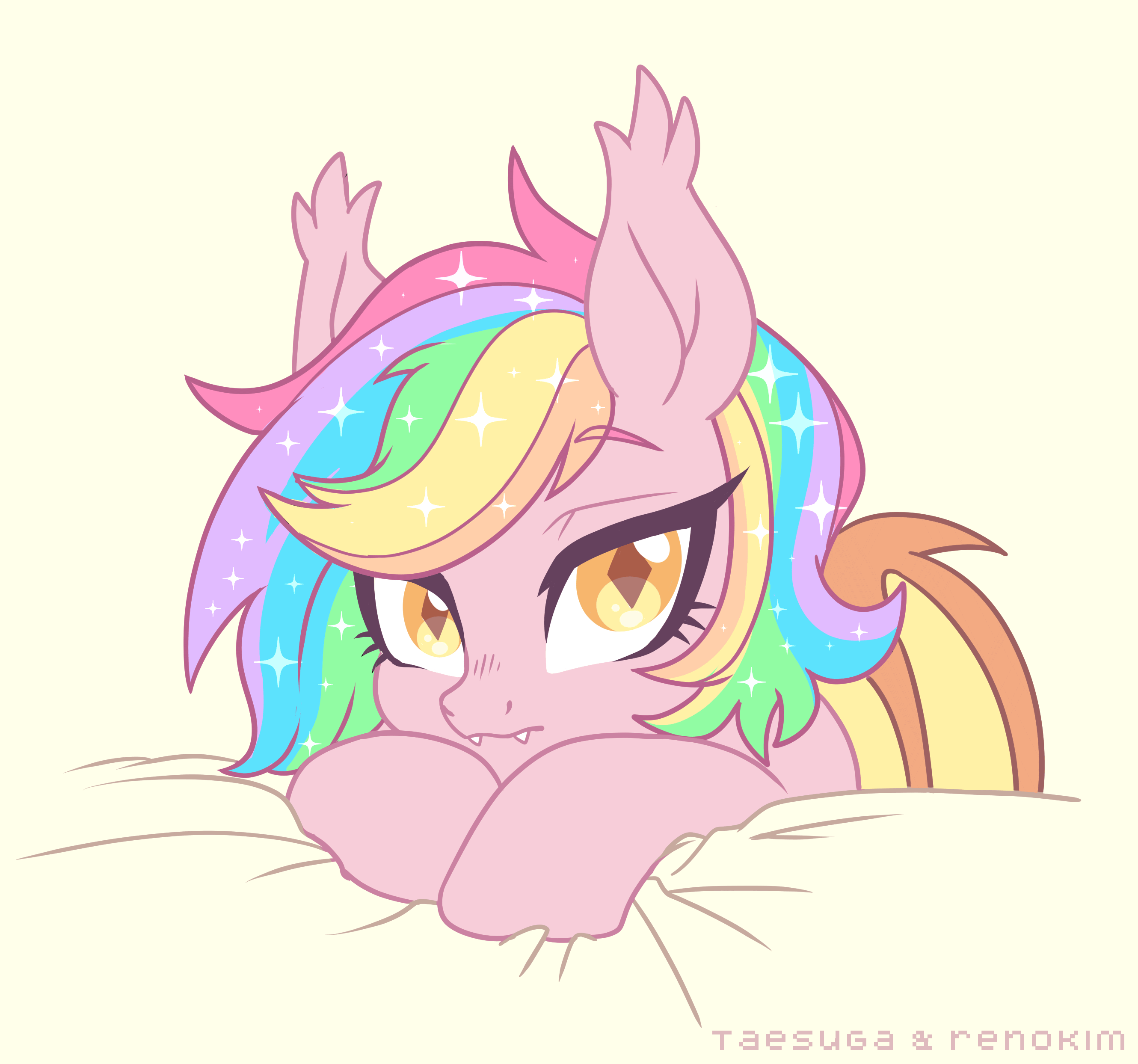 Size: 2660x2487 | Tagged: safe, artist:hawthornss, artist:renokim, oc, oc only, oc:paper stars, species:bat pony, animated, bat pony oc, bed, blinking, blushing, cute, cute little fangs, ear fluff, ethereal mane, fangs, female, galaxy mane, looking at you, rainbow hair, simple background, smiling, solo, sparkles, sparkly mane, text, weapons-grade cute