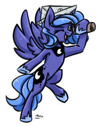 Size: 2233x2746 | Tagged: safe, artist:lrusu, character:princess luna, species:alicorn, species:pony, moonstuck, cartographer's cap, clothing, female, filly, hat, high res, simple background, smiling, solo, white background, woona, younger