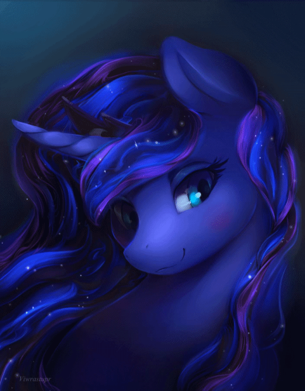 Size: 600x767 | Tagged: safe, artist:theshadowscale, artist:viwrastupr, character:princess luna, species:alicorn, species:pony, animated, bust, cute, ear twitch, ethereal mane, female, galaxy mane, limited palette, looking at you, lunabetes, mare, portrait, smiling, solo