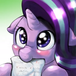 Size: 1536x1536 | Tagged: safe, artist:kurogewapony, character:starlight glimmer, species:pony, species:unicorn, a+, blushing, cute, female, floppy ears, glimmerbetes, hnnng, mare, mouth hold, nom, paper, smiling, solo