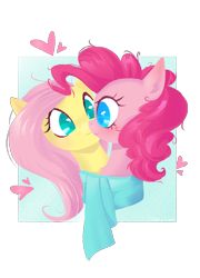 Size: 2430x3384 | Tagged: safe, artist:vincher, character:fluttershy, character:pinkie pie, species:earth pony, species:pegasus, species:pony, ship:flutterpie, clothing, colored pupils, cute, diapinkes, eye contact, featured on derpibooru, female, heart, lesbian, looking at each other, mare, scarf, sexy, shared clothing, shared scarf, shipping, shyabetes, simple background, smiling, transparent background
