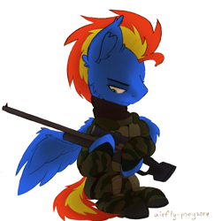 Size: 1613x1664 | Tagged: safe, artist:airfly-pony, rcf community, oc, oc only, oc:wing hurricane, species:pegasus, species:pony, armor, armor skirt, blue eyes, clothing, crossover, digital art, gun, looking down, male, pants, red mane, red tail, s.t.a.l.k.e.r., sad, saddle, simple background, sketch, solo, stallion, tack, traditional art, weapon, white background, wings, wings down