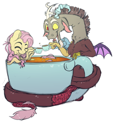 Size: 3978x4295 | Tagged: safe, artist:cutepencilcase, character:discord, character:fluttershy, species:draconequus, species:pony, cup, cup of pony, cute, discute, female, mare, micro, outline, shyabetes, simple background, smiling, teacup, transparent background, white outline, wing hands, wing hold