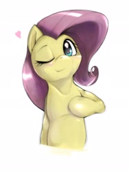 Size: 1536x2048 | Tagged: safe, artist:kurogewapony, character:fluttershy, species:pegasus, species:pony, blushing, cute, female, looking at you, mare, one eye closed, shyabetes, simple background, solo, white background, wink