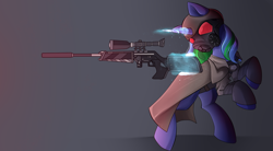 Size: 1600x886 | Tagged: safe, artist:airiniblock, rcf community, oc, oc:star gazer, species:pony, species:unicorn, fallout equestria, gas mask, glowing horn, gun, hooves, levitation, magic, mask, ncr, ncr ranger, optical sight, rearing, rifle, simple background, sniper, sniper rifle, solo, telekinesis, weapon