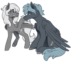 Size: 2385x2056 | Tagged: safe, artist:kikirdcz, oc, oc only, oc:cygnus silvermane, oc:silver bullet, species:pegasus, species:pony, commission, female, looking at each other, male, mare, simple background, smiling, stallion, transparent background