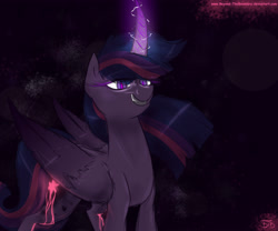 Size: 3000x2500 | Tagged: safe, artist:lrusu, character:twilight sparkle, character:twilight sparkle (alicorn), species:alicorn, species:pony, corrupted twilight sparkle, curved horn, evil grin, glowing cutie mark, glowing eyes, glowing horn, grin, slit eyes, smiling