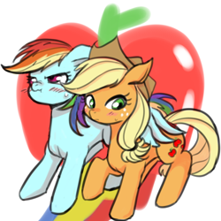 Size: 1000x1000 | Tagged: safe, artist:raika0306, character:applejack, character:rainbow dash, species:earth pony, species:pegasus, species:pony, ship:appledash, apple, blushing, butt touch, clothing, cowboy hat, cutie mark background, feathermarking, female, food, hat, hug, lesbian, mare, pouting, rainbow, scrunchy face, shipping, sweat, tsunderainbow, tsundere, winghug