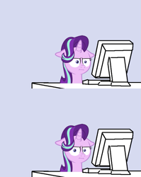 Size: 679x854 | Tagged: safe, artist:the smiling pony, character:starlight glimmer, species:pony, species:unicorn, episode:marks for effort, g4, my little pony: friendship is magic, :i, computer, desk, faec, female, floppy ears, glare, gray background, i mean i see, keyboard, lidded eyes, looking at something, looking at you, mare, meme, monitor, reaction image, simple background, solo, unamused, wide eyes