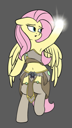 Size: 1823x3240 | Tagged: safe, artist:andelai, character:fluttershy, species:pegasus, species:pony, armpits, belly button, clothing, female, mare, midriff, simple background, solo, warcraft, world of warcraft