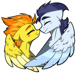 Size: 2630x2500 | Tagged: safe, artist:lrusu, character:soarin', character:spitfire, species:pegasus, species:pony, ship:soarinfire, blushing, boop, bust, cute, cutefire, eyes closed, female, floppy ears, hug, male, mare, mutual booping, noseboop, shipping, simple background, stallion, straight, transparent background, winghug