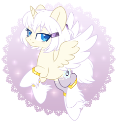 Size: 2542x2649 | Tagged: safe, artist:hawthornss, oc, oc only, oc:glamis, species:alicorn, species:pony, abstract background, alicorn oc, blushing, colored hooves, colored pupils, colored wings, colored wingtips, female, flying, hair accessory, hoof fluff, lidded eyes, lightly watermarked, looking at you, mare, simple background, smiling, solo, spread wings, transparent background, unshorn fetlocks, watermark, wings