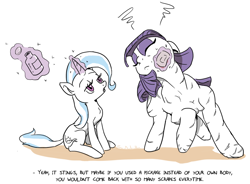 Size: 750x553 | Tagged: safe, artist:foudubulbe, character:maud pie, character:trixie, species:earth pony, species:pony, species:unicorn, comic:damp rocks, ship:mauxie, alcohol, cut, dialogue, eyes closed, female, floppy ears, lesbian, magic, mare, muscles, open mouth, shipping, suggestive series, telekinesis