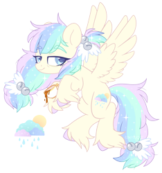 Size: 3057x3263 | Tagged: safe, artist:hawthornss, oc, oc:early bird, oc:morning rain, species:pegasus, species:pony, bell, cloud, coffee, cup, food, hair accessory, looking at you, rain, simple background, sleepy, smiling, solo, tired, transparent background, unshorn fetlocks