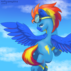 Size: 4170x4200 | Tagged: safe, alternate version, artist:airfly-pony, rcf community, oc, oc only, oc:wing hurricane, species:pegasus, species:pony, absurd resolution, blue eyes, clothing, cloud, cutie mark, ear fluff, flying, frog (hoof), goggles, in the sky, lightning, looking at you, looking back, looking back at you, male, multicolored hair, plot, sky, smiling, smiling at you, solo, spread wings, stallion, teeth, underhoof, uniform, wings, wonderbolts, wonderbolts uniform