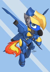 Size: 1512x2160 | Tagged: safe, alternate version, artist:airfly-pony, base used, derpibooru original, rcf community, oc, oc only, oc:wing hurricane, species:pegasus, species:pony, angry, armor, armored pony, crossover, female, flying, looking at you, old art, overwatch, pharah, reference, rule 63, solo