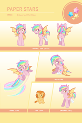 Size: 2500x3744 | Tagged: safe, artist:centchi, oc, oc:mr lion, oc:origami, oc:paper stars, species:bat pony, species:pony, amputee, bandage, bat pony oc, bedroom eyes, big cat, cute, cute little fangs, fangs, female, flight trail, frown, grumpy, lion, looking at you, male, mare, missing limb, plot, plushie, reference sheet, rule 63, smiling, stallion, text, wet mane