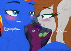 Size: 2373x1713 | Tagged: safe, artist:airfly-pony, rcf community, oc, oc only, oc:dark arreb, oc:scarlett drop, oc:wing hurricane, species:pegasus, species:pony, species:unicorn, bedroom eyes, crossover, eye contact, horn, looking at each other, pigtails, shy, smiling, starship troopers, teeth, violin, wings