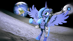 Size: 1920x1080 | Tagged: safe, artist:sourcerabbit, character:princess luna, species:alicorn, species:pony, 3d, astronaut, earth, hoof shoes, moon, personality core, portal (valve), rearing, source filmmaker, space, space suit, wheatley