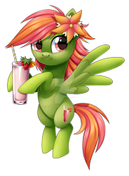 Size: 1024x1391 | Tagged: safe, artist:centchi, oc, oc only, oc:tropical smoothie, species:pegasus, species:pony, female, flower, flower in hair, mare, simple background, smoothie, solo, transparent background