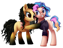 Size: 1600x1217 | Tagged: safe, artist:centchi, oc, oc only, oc:mystery, oc:terra, species:earth pony, species:pony, clothing, female, hug, mare, shirt, siblings, simple background, sisters, transparent background, watermark