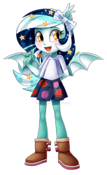 Size: 1024x1678 | Tagged: safe, artist:centchi, oc, oc:wistful galaxy, species:human, species:pony, my little pony:equestria girls, blushing, boots, bow, clothing, cute, ethereal mane, fangs, female, galaxy mane, moe, ocbetes, pleated skirt, shirt, shoes, simple background, skirt, solo, transparent background, watermark, winged humanization