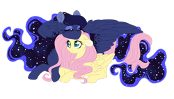 Size: 1024x585 | Tagged: safe, artist:azure-art-wave, character:fluttershy, character:princess luna, species:pegasus, species:pony, ship:lunashy, cute, eyes closed, female, floppy ears, intertwined tails, lesbian, missing horn, prone, shipping, shyabetes, simple background, smiling, snuggling, transparent background
