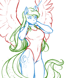 Size: 1250x1500 | Tagged: safe, artist:mykegreywolf, character:princess luna, species:alicorn, species:anthro, species:pony, g4, clothing, female, hands on head, high-cut clothing, one-piece swimsuit, sketch, solo, sports swimsuit, spread wings, swimsuit, wings
