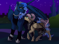 Size: 2732x2048 | Tagged: safe, artist:jeatz-axl, artist:percy-mcmurphy, character:fluttershy, character:princess luna, species:alicorn, species:pegasus, species:pony, ship:lunashy, alternate hairstyle, canterlot, clothing, dress, feather boa, female, floppy ears, jewelry, lesbian, looking at each other, mare, necklace, night, pearl necklace, shipping, smiling