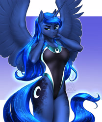 Size: 2375x2850 | Tagged: safe, artist:mykegreywolf, character:princess luna, species:alicorn, species:anthro, species:pony, blue lipstick, breasts, clothing, female, frown, gradient background, high-cut clothing, horn, lipstick, mare, one-piece swimsuit, open mouth, raised hand, solo, sports swimsuit, spread wings, stupid sexy princess luna, swimsuit, wings