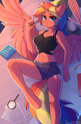 Size: 1752x2686 | Tagged: safe, artist:fensu-san, oc, oc only, oc:spectrum dash, species:alicorn, species:anthro, species:pony, species:unguligrade anthro, alicorn oc, angled leg, anthro oc, bed, book, breasts, clothing, digital art, explicit source, feather, female, lidded eyes, looking at you, lying down, magnifying glass, mare, on back, paper, pen, ponytail, rainbow hair, sheet, shorts, smiling, solo, spread wings, table, wings