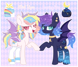 Size: 3600x3100 | Tagged: safe, artist:hawthornss, oc, oc only, oc:evening star, oc:wish upon, species:bat pony, species:pony, bat pony oc, blushing, choker, clothing, collar, constellation, cute, cute little fangs, cutie mark, ear fluff, ethereal mane, fangs, galaxy mane, looking at you, open mouth, reference sheet, siblings, socks, text, twins