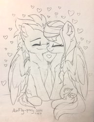 Size: 2327x3027 | Tagged: safe, artist:airfly-pony, rcf community, oc, oc only, oc:scarlett drop, oc:wing hurricane, species:pegasus, species:pony, big wings, cute, eyes closed, female, heart, hug, lineart, love, male, mare, oc x oc, scarricane, shipping, smiling, stallion, straight, traditional art, wings