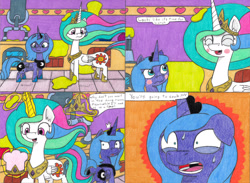 Size: 4320x3169 | Tagged: safe, artist:eternaljonathan, character:princess celestia, character:princess luna, species:alicorn, species:pony, comic:first three back, blushing, canterlot, canterlot castle, castle, clothing, comic, fear, female, growling, hat, hungry, jewelry, kitchen, mare, pencil drawing, plot, pot, royal sisters, s1 luna, slime, stomach, stomach growl, stomach noise, stove, tiara, traditional art