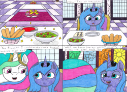 Size: 4372x3174 | Tagged: safe, artist:eternaljonathan, character:princess celestia, character:princess luna, species:alicorn, species:pony, comic:first three back, basket, bread sticks, canterlot, canterlot castle, castle, comic, dinning room, drool, female, filly, filly luna, food, fork, lunch, mare, pasta, pencil drawing, royal sisters, salad, sauce, spaghetti, spoon, stained glass, traditional art, younger