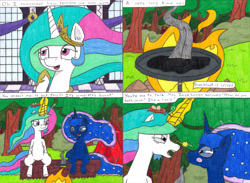 Size: 4331x3178 | Tagged: safe, artist:eternaljonathan, character:princess celestia, character:princess luna, species:alicorn, species:pony, comic:first three back, argument, burned, campfire, camping, canterlot, canterlot castle, castle, comic, cooking, dinning room, egg, female, flashback, forest, frying pan, levitation, log, magic, mare, nest, pencil drawing, royal sisters, sitting, smoke, stick, telekinesis, tent, traditional art