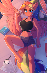Size: 1752x2686 | Tagged: safe, alternate version, artist:fensu-san, oc, oc only, oc:spectrum dash, species:alicorn, species:anthro, species:digitigrade anthro, species:pony, alicorn oc, angled leg, anthro oc, bed, book, breasts, clothing, digital art, explicit source, feather, female, lidded eyes, looking at you, lying down, magnifying glass, mare, on back, paper, paws, pen, ponytail, rainbow hair, sheet, shorts, smiling, solo, spread wings, table, wings