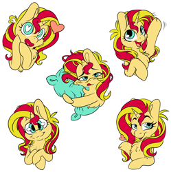 Size: 1164x1169 | Tagged: safe, artist:cutepencilcase, character:sunset shimmer, species:pony, species:unicorn, my little pony:equestria girls, commission, cute, female, heart, heart eyes, mare, pillow, shimmerbetes, simple background, sleepy, solo, sticker, telegram, telegram sticker, white background, wingding eyes