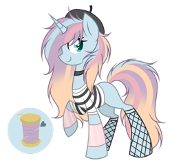 Size: 1024x981 | Tagged: safe, artist:mintoria, oc, oc only, species:pony, species:unicorn, beret, clothing, female, fishnets, hat, leg warmers, mare, shirt, simple background, solo, transparent background