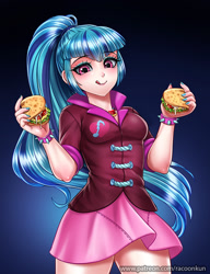 Size: 800x1042 | Tagged: safe, artist:racoonsan, character:sonata dusk, species:human, my little pony:equestria girls, bracelet, breasts, clothing, cute, female, food, humanized, jewelry, licking, licking lips, nail polish, ponytail, skirt, smiling, solo, sonatabetes, sonataco, spiked wristband, taco, that girl sure loves tacos, tongue out, wristband