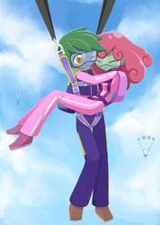 Size: 800x1125 | Tagged: safe, artist:howxu, oc, oc only, oc:software patch, oc:windcatcher, my little pony:equestria girls, bridal carry, clothing, equestria girls-ified, falling, goggles, hug, jumpsuit, one eye closed, parachute, sky, skydiving, windpatch