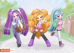 Size: 1407x1000 | Tagged: safe, artist:howxu, character:adagio dazzle, character:aria blaze, character:sonata dusk, my little pony:equestria girls, backpack, bag, boots, clothing, cute, cute little fangs, fangs, female, grass, hairband, howxu is trying to murder us, jeans, looking at you, miniskirt, moe, open mouth, pants, patreon, patreon logo, pigtails, pleated skirt, pointing, ponytail, shoes, shorts, skirt, sky, socks, sonatabetes, stars, sweater, sweatshirt, the dazzlings, thigh highs, tree, trio, twintails