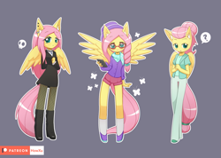 Size: 1407x1000 | Tagged: safe, artist:howxu, character:fluttershy, species:anthro, species:unguligrade anthro, episode:fake it 'til you make it, alternate hairstyle, blushing, boots, cellphone, cute, female, fluttergoth, high heels, hipstershy, looking at you, phone, severeshy, shoes, shyabetes, simple background, smartphone, smiling
