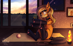 Size: 3762x2358 | Tagged: safe, artist:vincher, oc, oc only, oc:mistie pone, species:earth pony, species:pony, behaving like a cat, cat tail, clothing, collar, commission, female, lava lamp, looking at you, mare, paw socks, sitting, socks, solo, tongue out, yarn, yarn ball, ych result