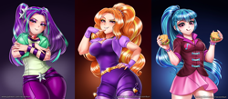 Size: 2286x1000 | Tagged: safe, artist:racoonsan, edit, character:adagio dazzle, character:aria blaze, character:sonata dusk, species:human, equestria girls:rainbow rocks, g4, my little pony: equestria girls, my little pony:equestria girls, adoragio, adorasexy, anime, ariabetes, belt, bracelet, breasts, busty adagio dazzle, busty aria blaze, busty dazzlings, busty sonata dusk, cleavage, clothing, confident, curvy, cute, explicit source, eyeshadow, female, fingerless gloves, food, gem, gloves, hand on hip, hips, hourglass figure, humanized, jeans, jewelry, leggings, licking, licking lips, looking at you, looking down, makeup, moe, nail polish, necklace, pants, pigtails, ponytail, raised eyebrow, sexy, siren gem, skirt, smiling, smug, smugio dazzle, sonatabetes, sonataco, spiked wristband, stupid sexy adagio dazzle, stupid sexy aria blaze, stupid sexy sonata dusk, taco, that girl sure loves tacos, the dazzlings, tongue out, trio, trio female, twintails, wristband