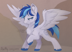 Size: 3012x2173 | Tagged: safe, artist:airfly-pony, derpibooru original, rcf community, oc, oc only, oc:rainy, species:pegasus, species:pony, belly, ear fluff, fluffy, hoof hold, hoofsies, looking at you, male, mountain, mountain range, serious, serious face, short hair, short tail, smiling, solo, spread wings, wings