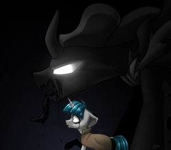 Size: 3500x3082 | Tagged: safe, artist:lrusu, character:pony of shadows, character:stygian, species:pony, species:unicorn, black goo, black tears, black tongue, cloak, clothing, curved horn, darkness, duo, featured on derpibooru, first male alicorn, glowing eyes, high res, horn, long tongue, male, open mouth, profile, raised hoof, shocked, signature, stallion, tongue out, transformation