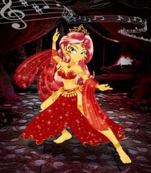 Size: 2551x2922 | Tagged: safe, artist:invisibleguy-ponyman, character:sunset shimmer, my little pony:equestria girls, anklet, arabian nights, armlet, armpits, barefoot, beautiful, bedroom eyes, belly button, belly dancer, belly dancer outfit, bracelet, cute, dancing, feet, female, gem, harem outfit, jewelry, leg bracelet, loincloth, midriff, music notes, shimmerbetes, siren gem, solo, stupid sexy sunset shimmer, tiara, toes