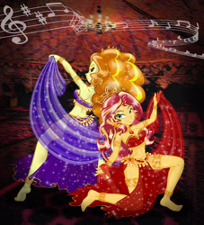 Size: 2551x2806 | Tagged: safe, artist:invisibleguy-ponyman, character:adagio dazzle, character:sunset shimmer, my little pony:equestria girls, anklet, arabian nights, armlet, armpits, barefoot, bedroom eyes, belly button, belly dancer, belly dancer outfit, bracelet, dancing, duo, duo female, ear piercing, earring, feet, female, gem, harem outfit, jewelry, leg bracelet, loincloth, midriff, music notes, piercing, siren gem, tiara